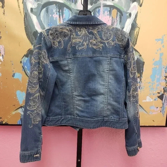 Chico's Platinum Embroidered Denim Jacket - Picture 2 of 8